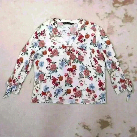 ZARA Cottagecore Floral Cropped Three Quarter Tie Sleeves Blouse Top Women Med - Picture 1 of 9